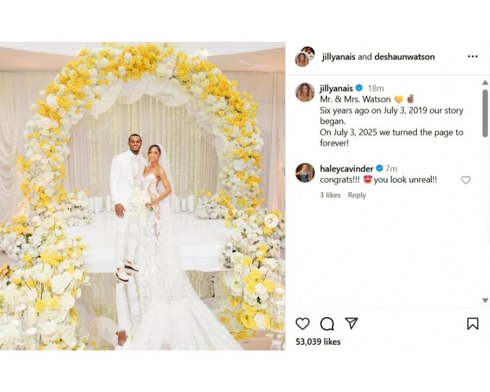 Jake Ferguson's fiancée Haley Cavinder sends 4 word message to Deshaun Watson's wife Jilly Anais as SI Swimsuit model shares first HD picture of her wedding [IG/@jillynais}